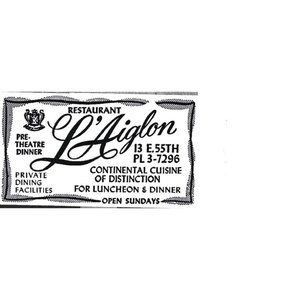 L'Aiglon Restaurant Pre Theatre Dinner NYC 1960s Vintage Print Ad